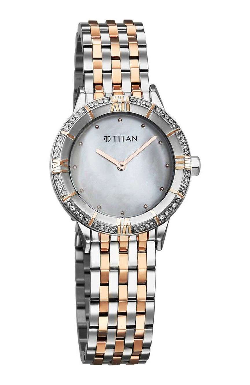 تيتان ساعة تيتان جلامور كوارتز بميناء لؤلؤي وسوار ستانلس إستيل بلونين للنساء