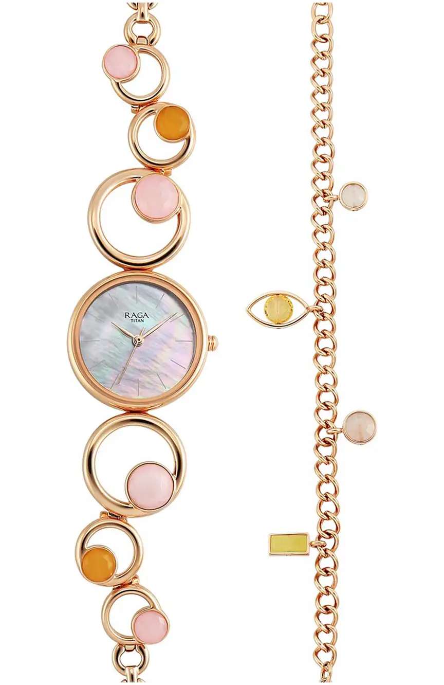 Titan Raga New You Quartz Analog Mother Of Pearl Citrine and Rose Quartz stones Strap for Women