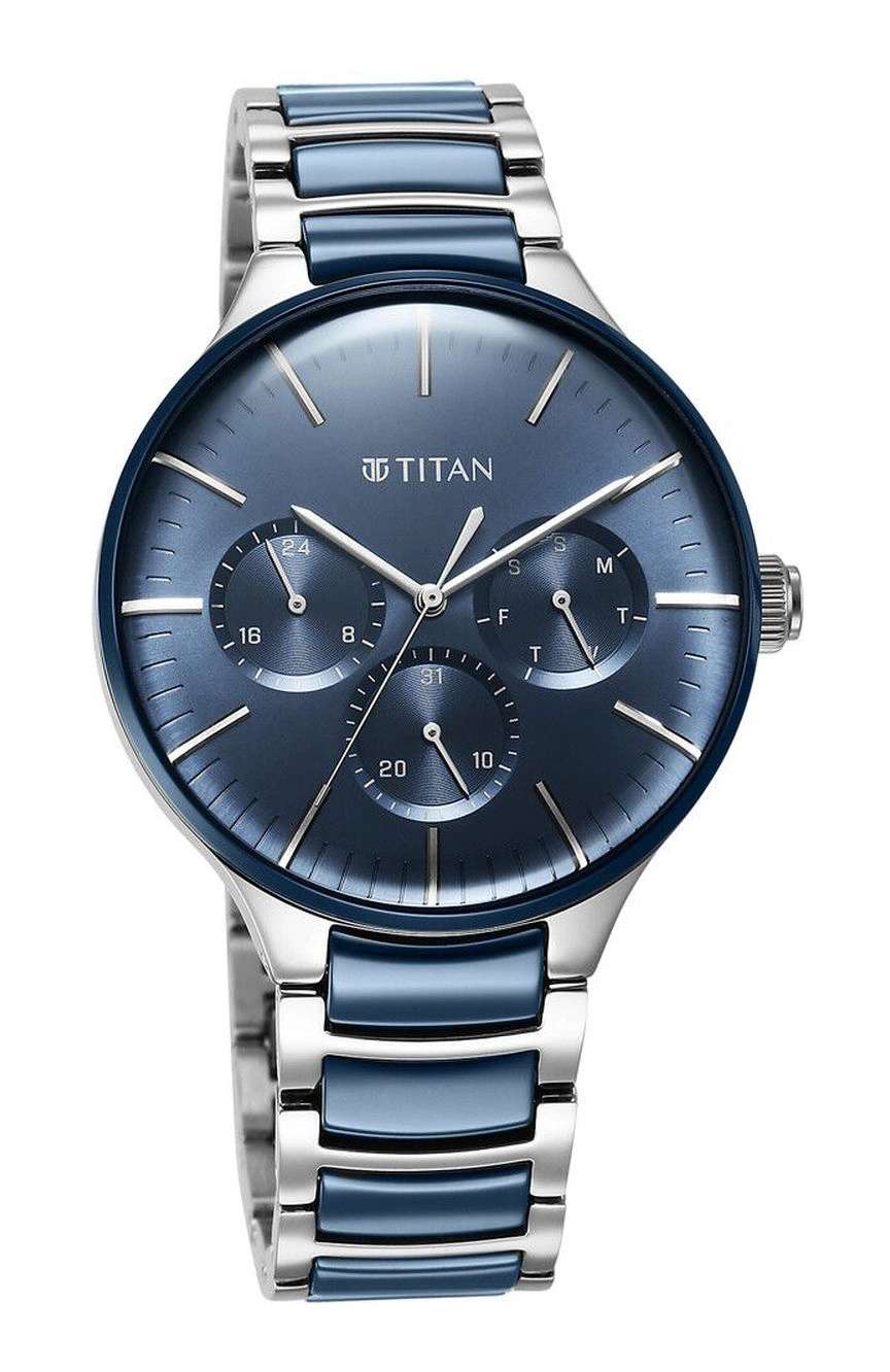 Titan Ceramic Fusion Quartz Multifunction Blue Dial Silver Dual-Toned Stainless Steel Bracelet Watch for Men