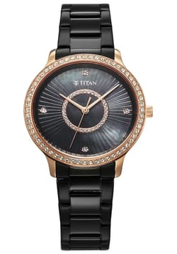 Titan Glamour Quartz Analog Black Dial Black Stainless Steel Strap Watch For Women
