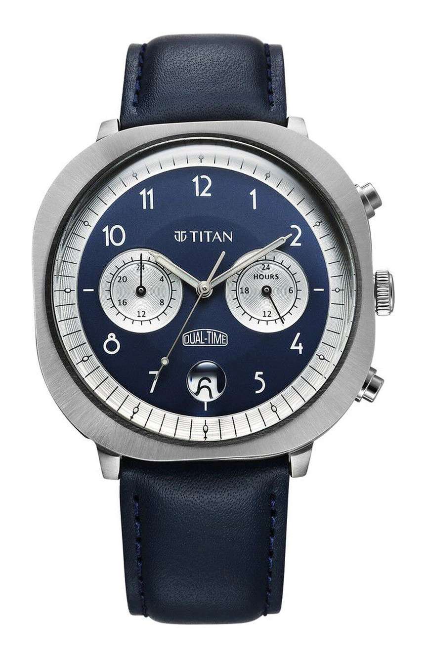 تيتان ساعة تيتان تايملس تريجرز كوارتز مزدوجة التوقيت بميناء أزرق وسوار جلدي أزرق للرجال