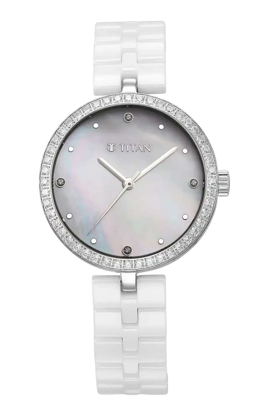 Titan Purple Ceramics Quartz Analog Mother of Pearl Dial White Ceramic Strap Watch For Women