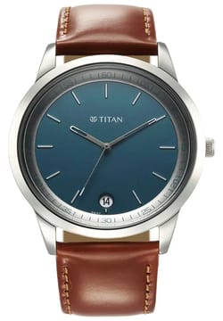 Titan Wrist Wit Quartz Analog with Date Blue Dial Leather Strap Watch for Men