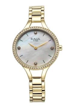 Titan Raga Showstopper Quartz Analog Mother Of Pearl Round Dial Golden Metal Strap Watch For Women