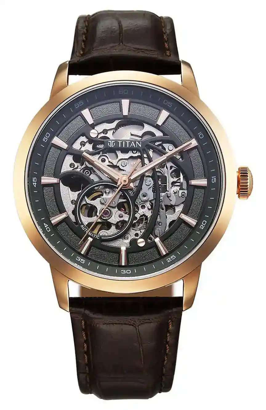 Titan Phoenix Skeletal Automatic Analog with Gun Dial Brown Leather Strap Watch for Men