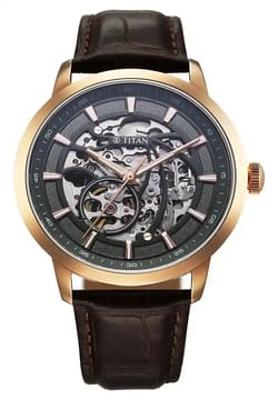 Titan Phoenix Skeletal Automatic Analog with Gun Dial Brown Leather Strap Watch for Men