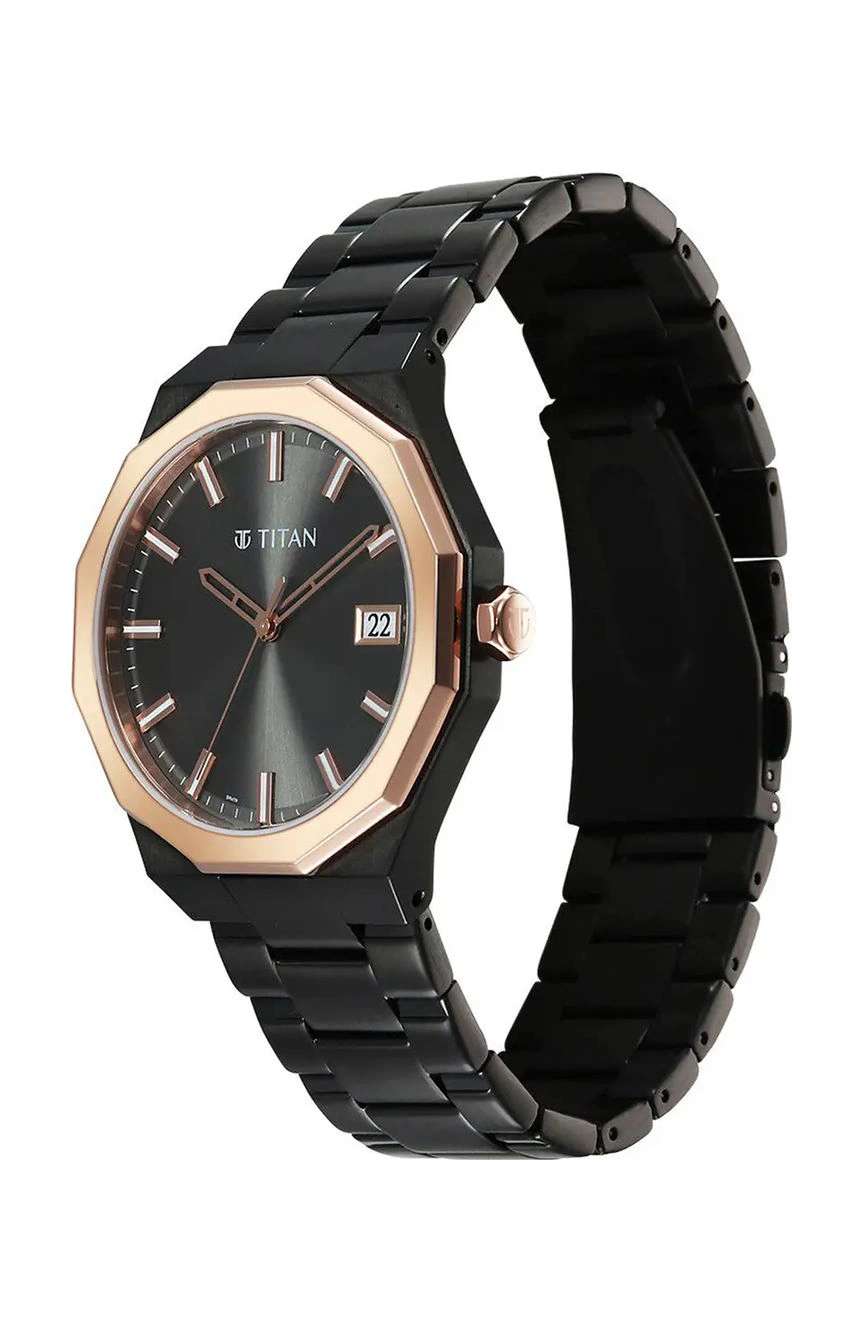 Titan Regalia Dodecagon Quartz Analog with Date Grey Dial Black Stainless Steel Strap Watch For Men