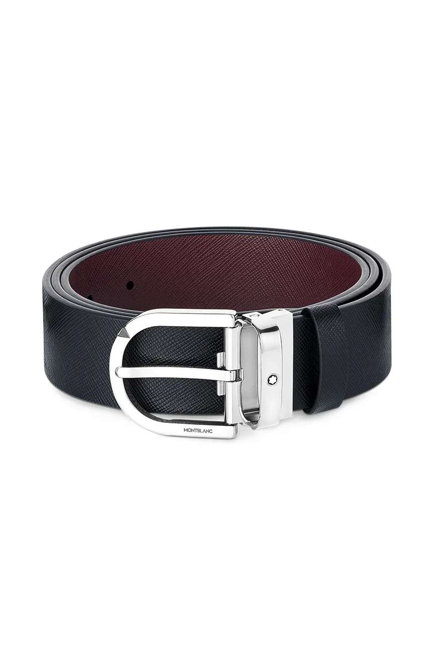 Montblanc Horseshoe Buckle Printed Black and Mosto 35 MM Reversible Leather Belt