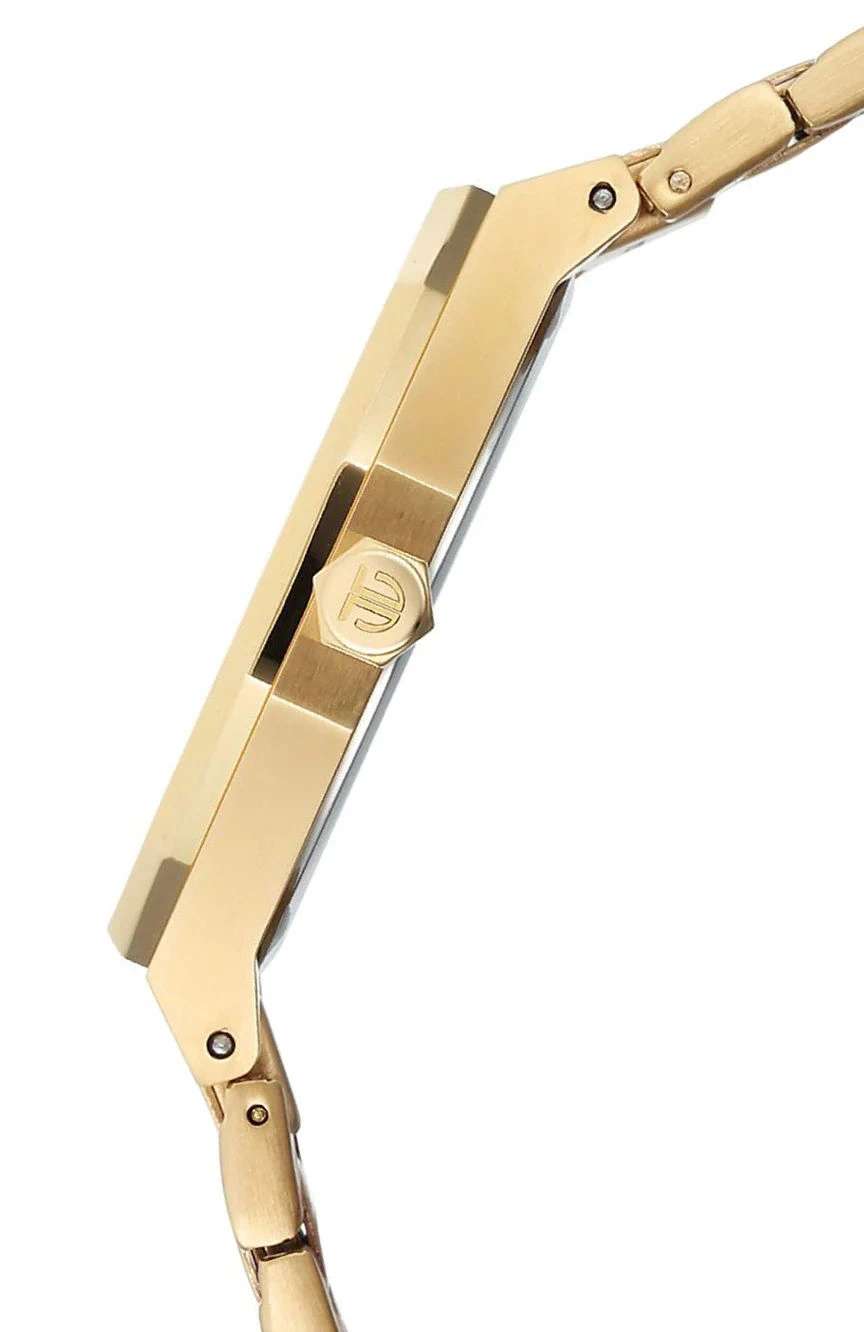 تيتان ساعة تيتان ريجاليا دوديكاجون كوارتز بنافذة لعرض التاريخ بميناء أسود وسوار ستانلس إستيل ذهبي للرجال