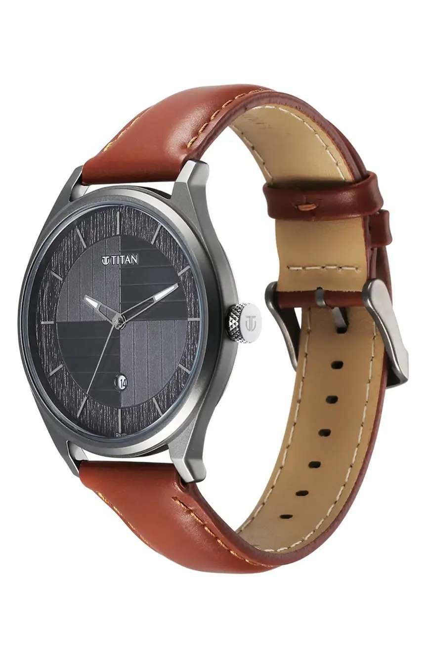 Titan Neo Economy Quartz Analog with Date Grey Dial Brown Leather Strap Watch For Men