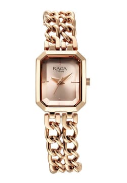 Titan Raga Showstopper Quartz Analog Rose Gold Dial Rose Gold Metal Strap Rectangular Shaped Watch For Women