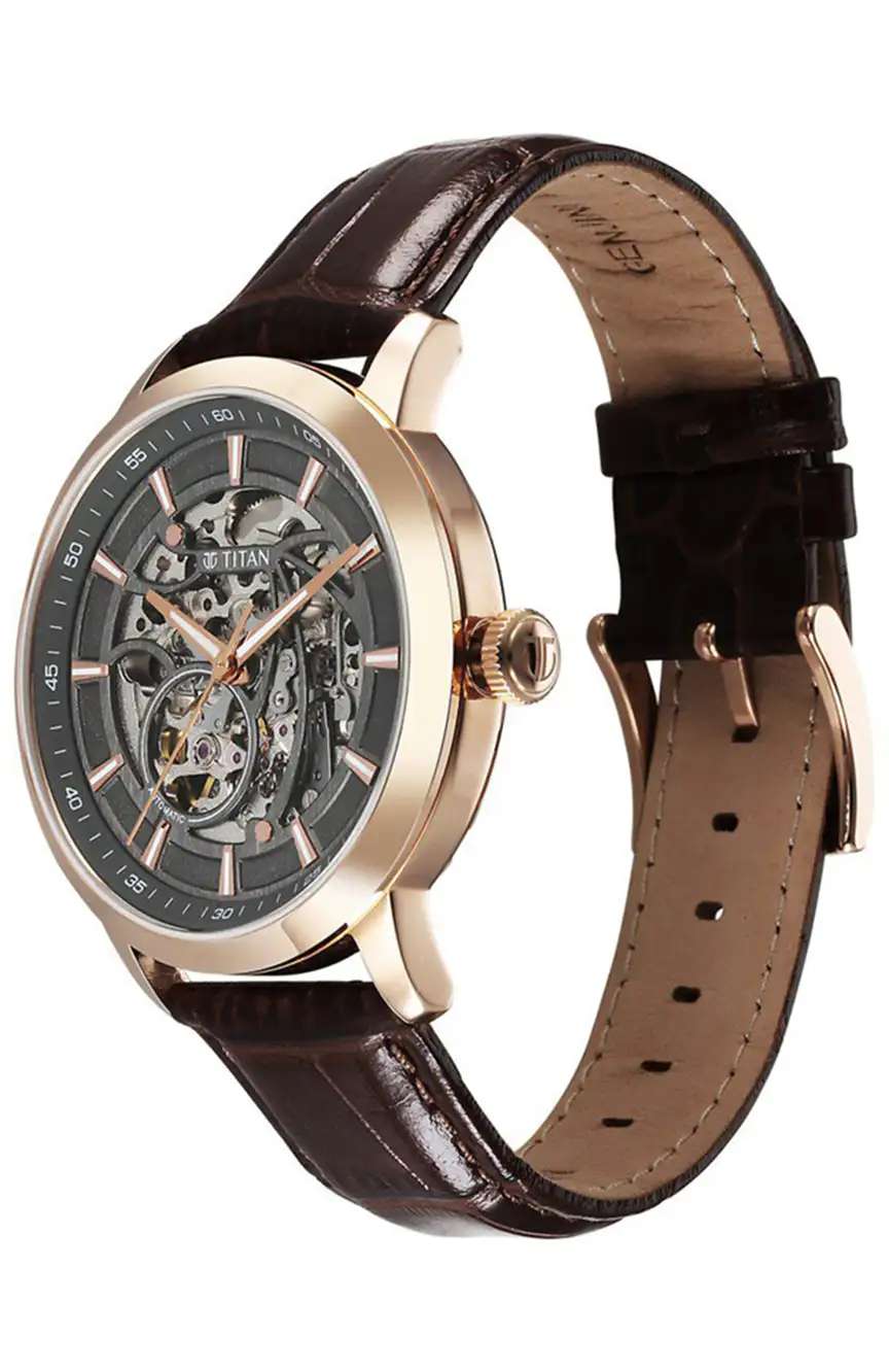 Titan Phoenix Skeletal Automatic Analog with Gun Dial Brown Leather Strap Watch for Men