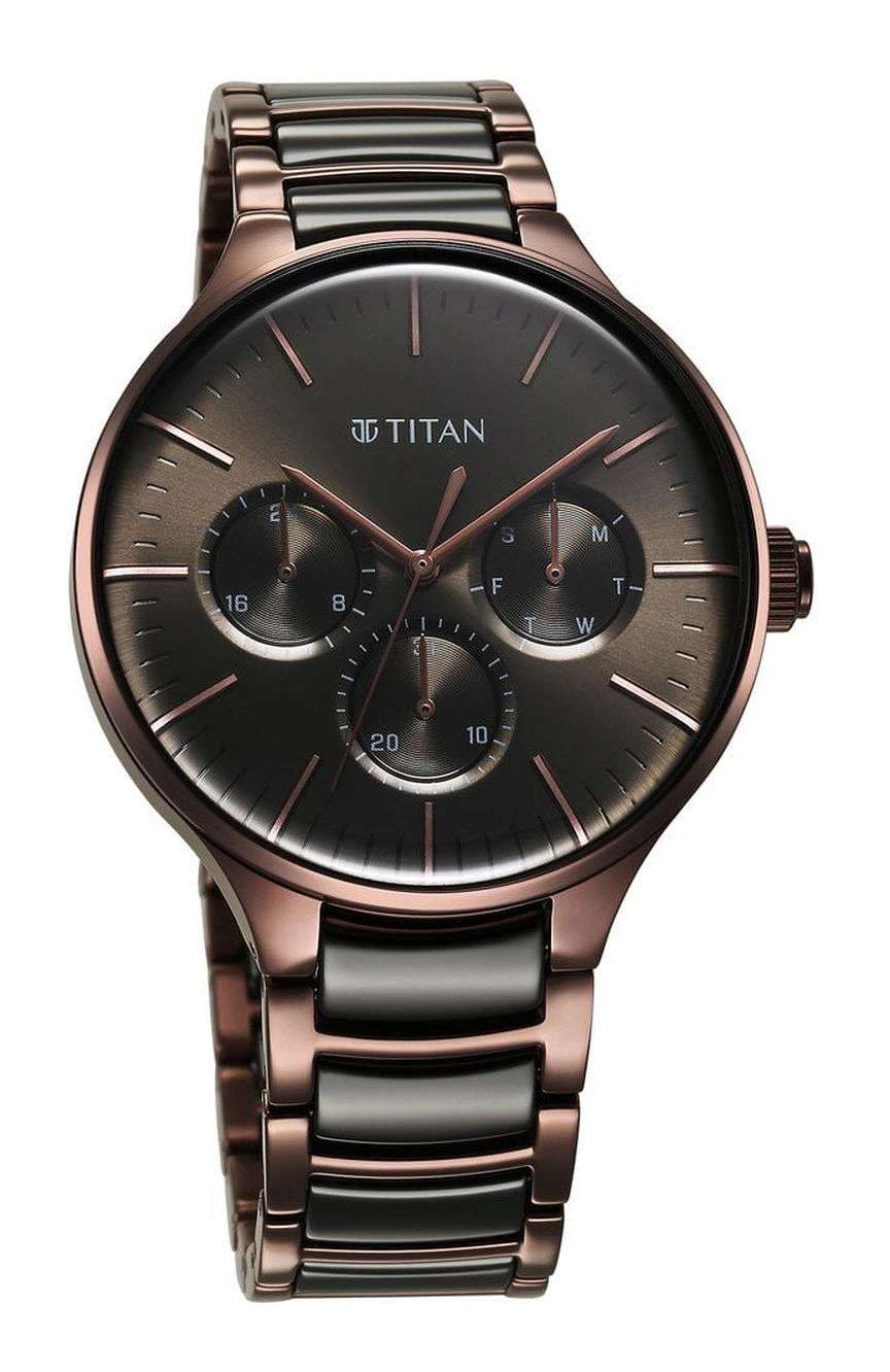 Titan Ceramic Fusion Multifunction Black Dial With Two Toned Color Stainless Steel Strap Watch For Men