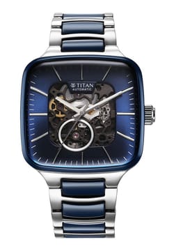 Titan Ceramic Fusion Automatic Square Blue Dial Rose Gold Dual-Toned Stainless Steel Bracelet Watch for Men