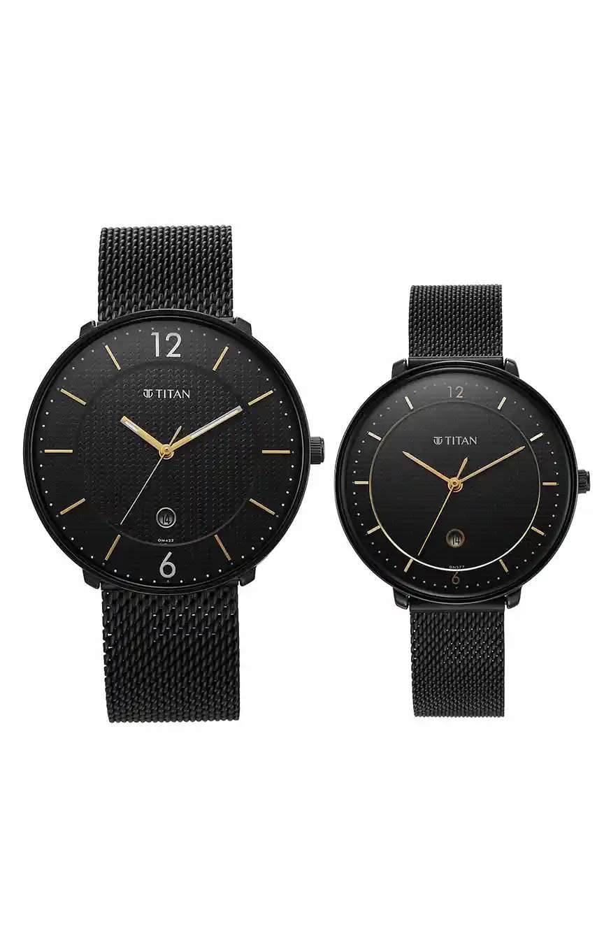 تيتان Bandhan Black Dial Analog with Date Stainless Steel Strap watch for Couple