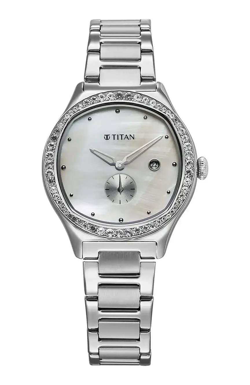Titan Glamour Quartz Analog with Date Mother Of Pearl Dial Stainless Steel Strap Watch For Women