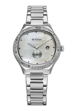 Titan Glamour Quartz Analog with Date Mother Of Pearl Dial Stainless Steel Strap Watch For Women