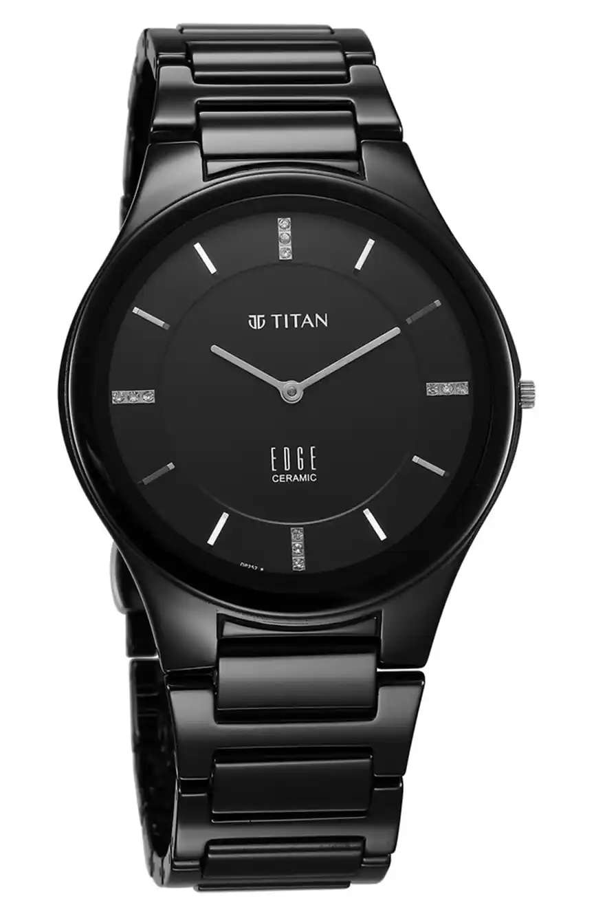 Titan Edge Ceramic Quartz in Glossy Black with Diamonds and Black Dial Watch for Men