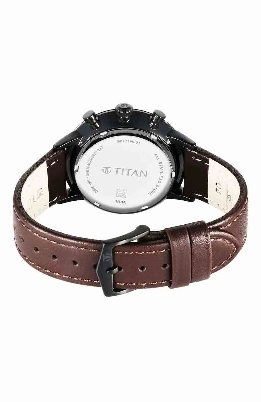 Titan Light Leathers Quartz Multifunction Black Dial Leather Strap Watch for Men