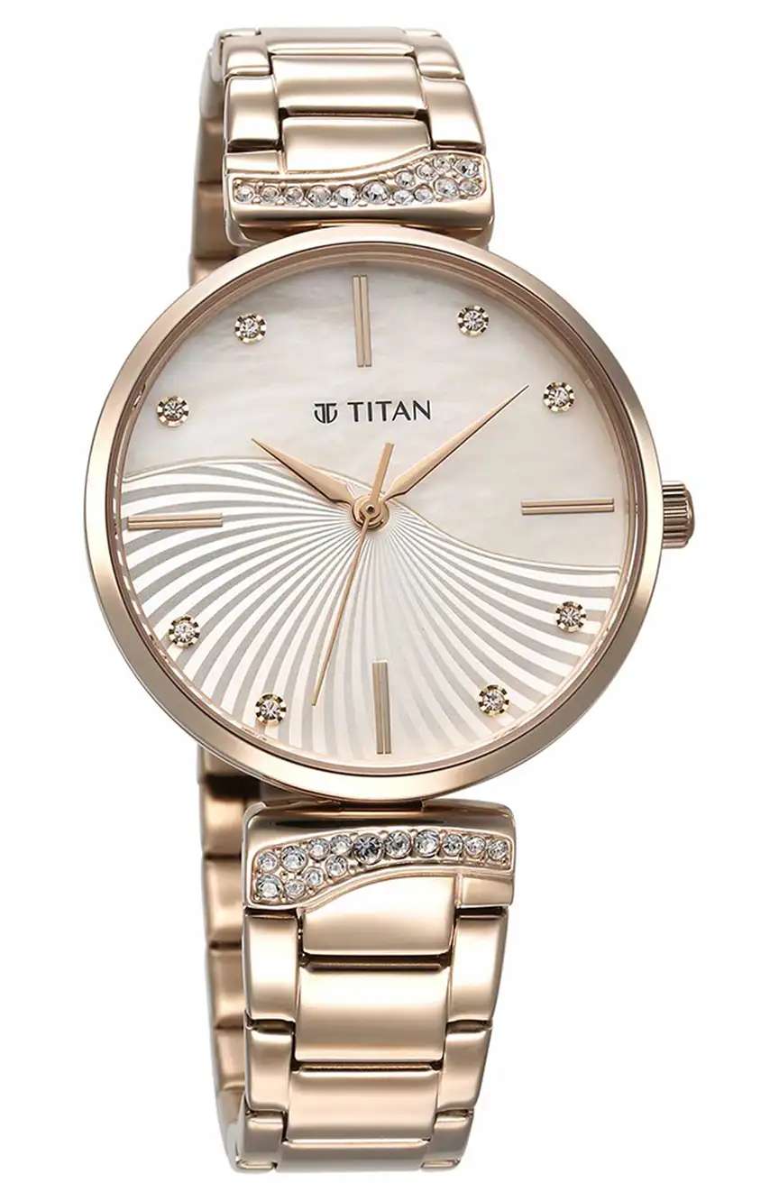تيتان Purple Style Up Quartz Analog Mother Of Pearl Dial Stainless Steel Strap Watch for Women
