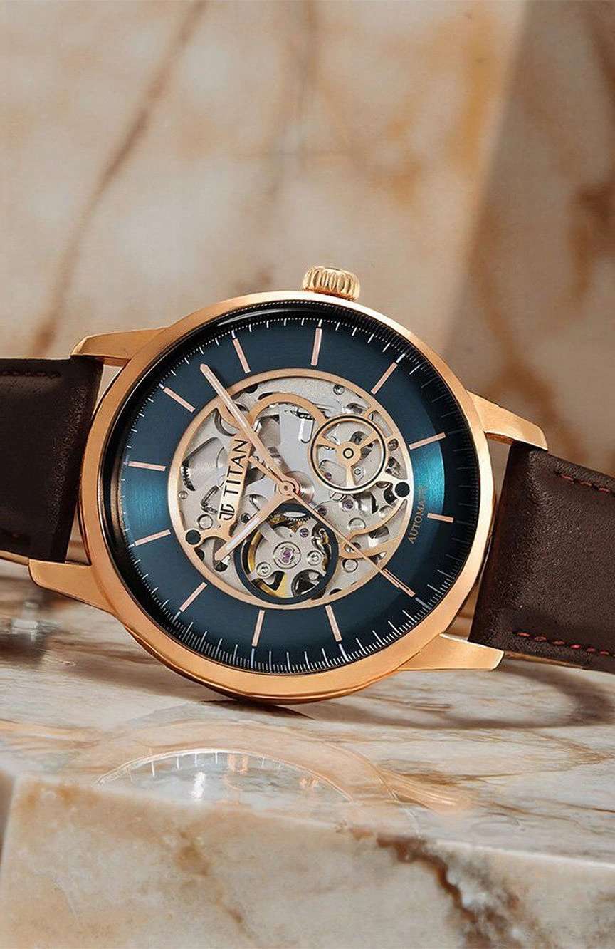 Titan Skeletal Automatic Blue Dial Brown Leather Strap Watch for Men