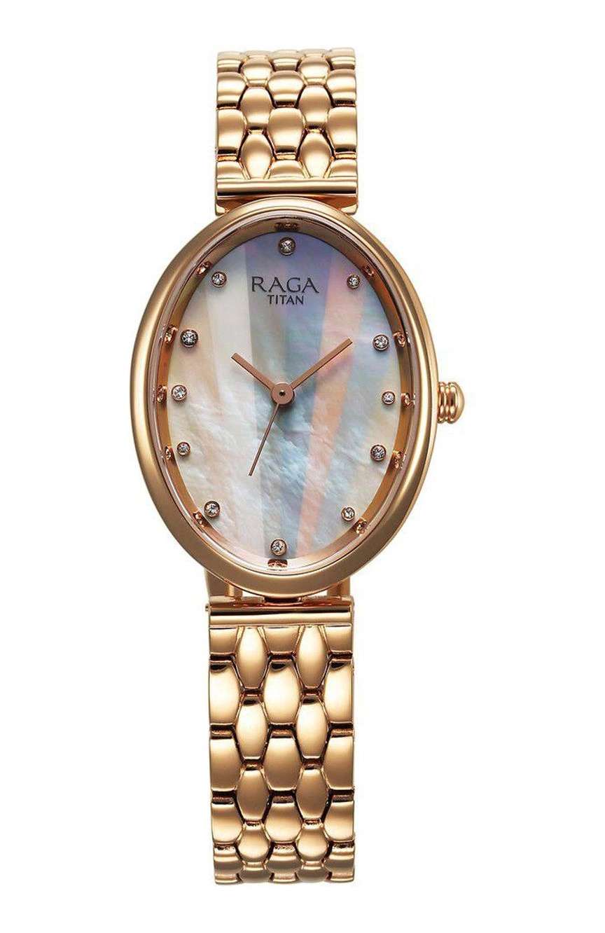 Titan Raga Memoirs Quartz Analog Mother Of Pearl Dial Rose Gold Metal Strap Oval Shaped Watch For Women