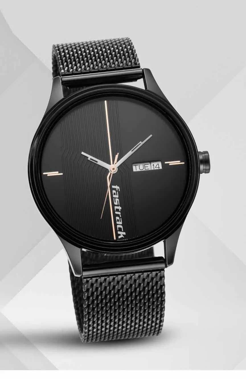 

Titan | Fastrack Style Up Quartz Analog with Day and Date Black Dial Stainless Steel Strap Watch for Guys