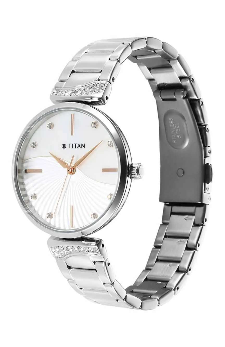 Titan Purple Style Up Quartz Analog Mother Of Pearl Dial Stainless Steel Strap Watch for Women