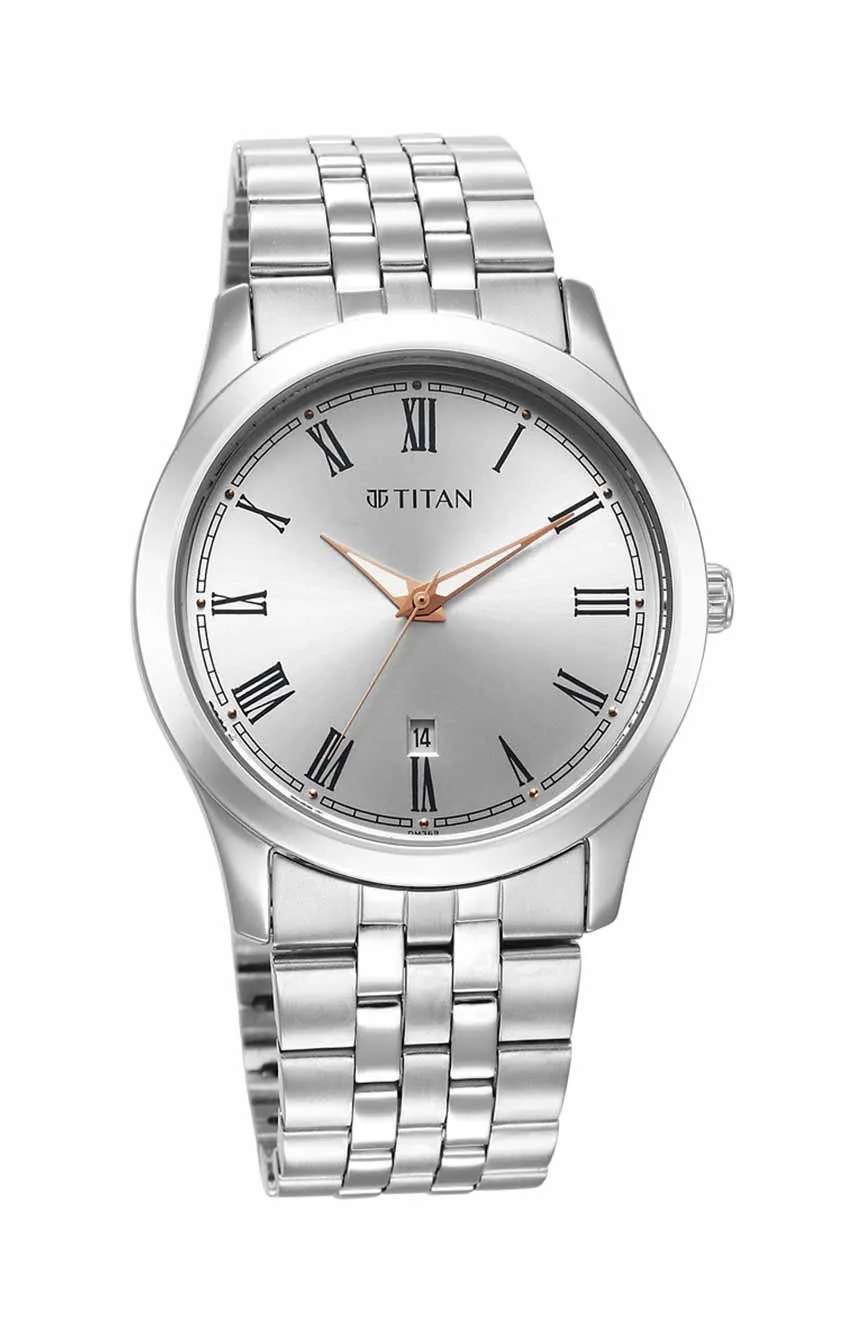 Titan Quartz Analog Silver White Dial Metal Strap Watch for Men