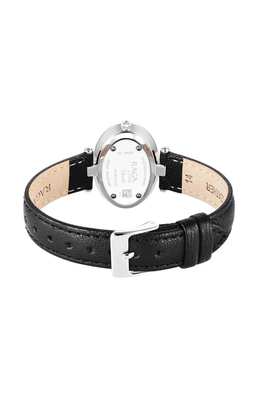 Titan Raga Silver Quartz Analog Mother Of Pearl Dial Sterling Silver Case With Black Color Leather Strap Watch For Women