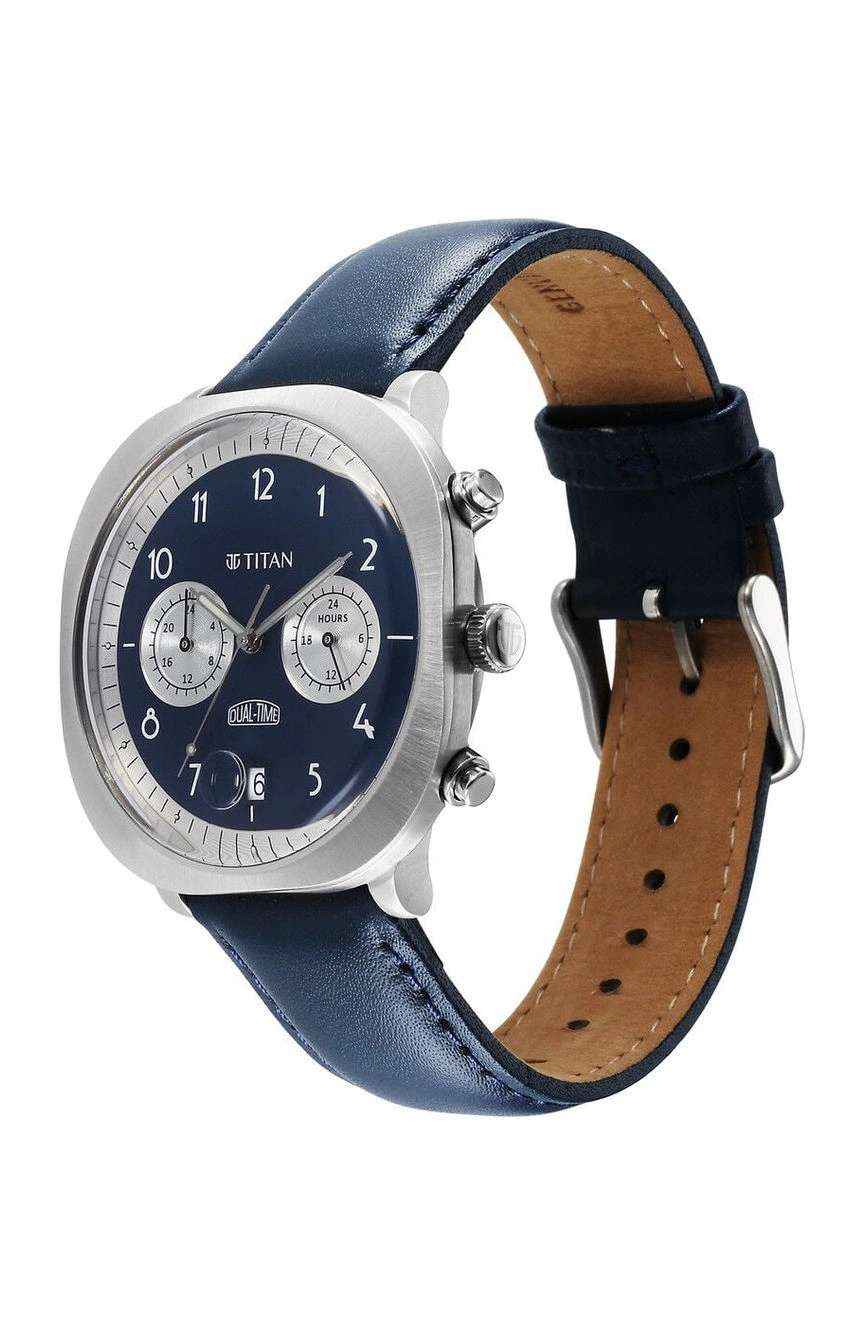 تيتان ساعة تيتان تايملس تريجرز كوارتز مزدوجة التوقيت بميناء أزرق وسوار جلدي أزرق للرجال