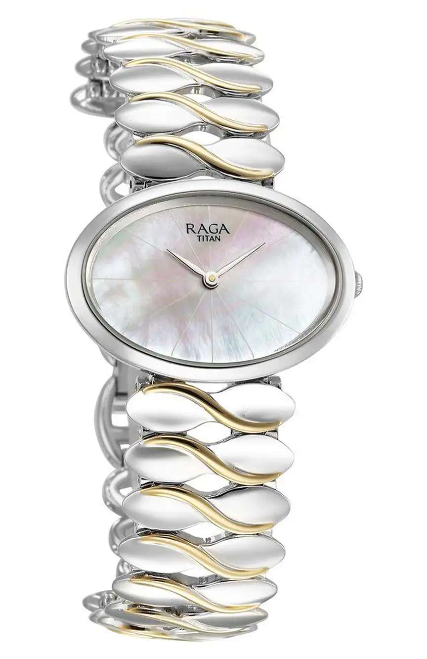 Titan Raga Silver Quartz Analog Mother Of Pearl Dial Sterling Silver Metal Strap And Case Watch For Women